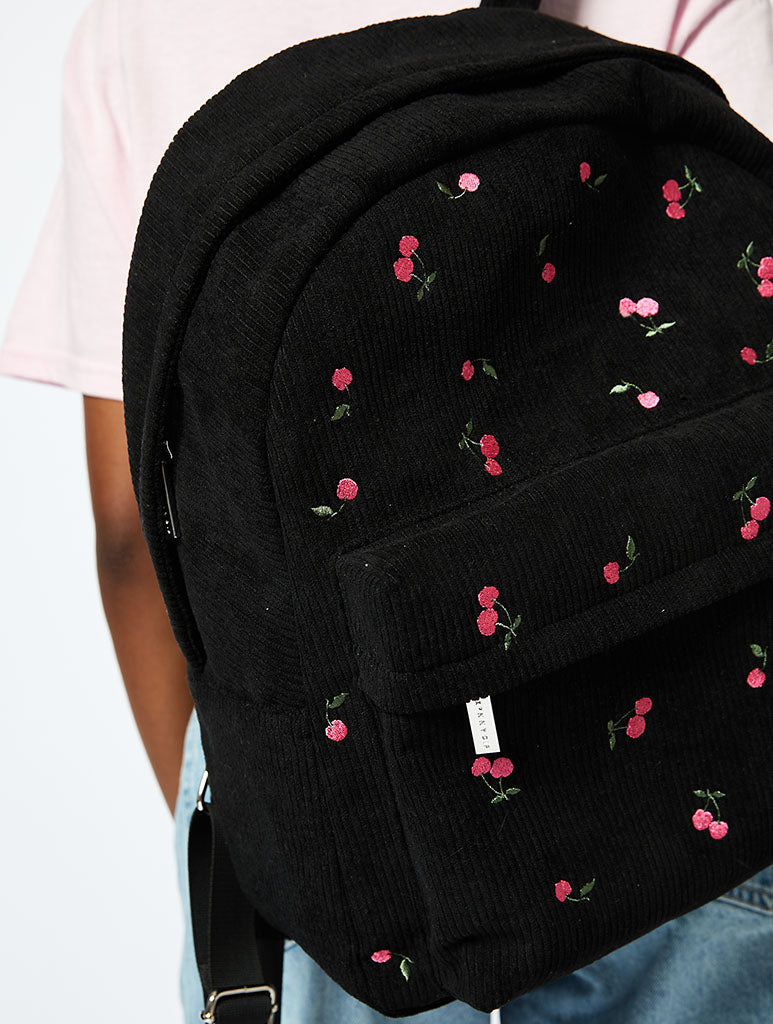 Cherry Embroidered Backpack in Black