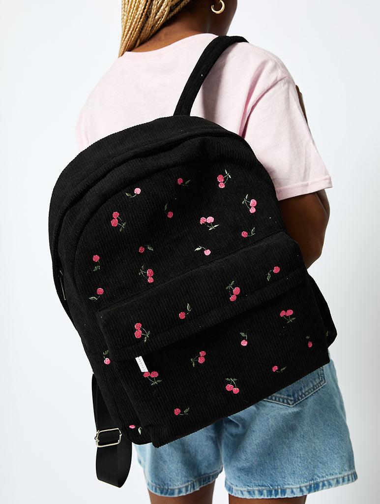 Cherry Embroidered Backpack in Black