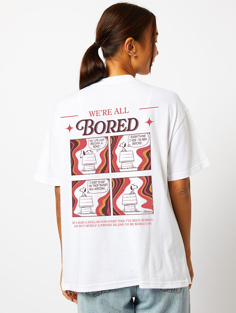 Peanuts x Skinnydip Snoopy We're All Bored T-Shirt in Ecru