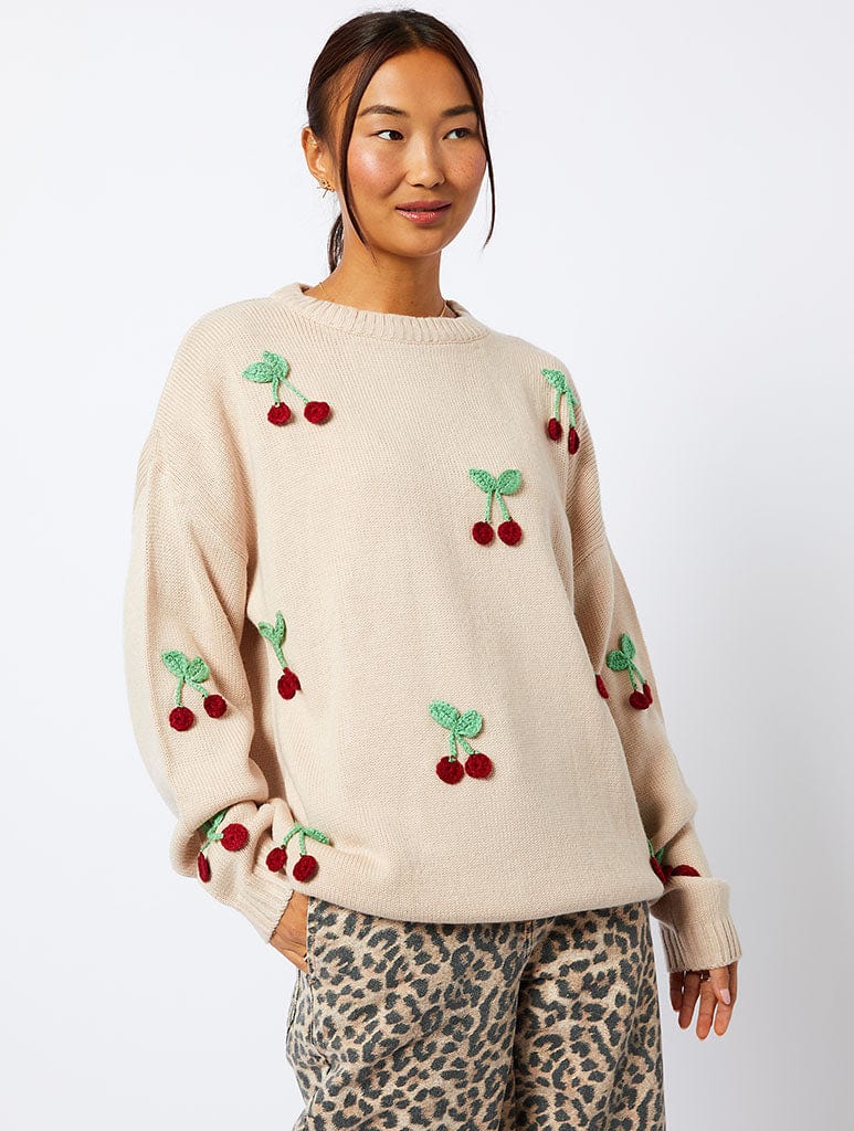 Applique Crochet Cherry Knitted Jumper in Cream Jumpers & Cardigans Skinnydip London