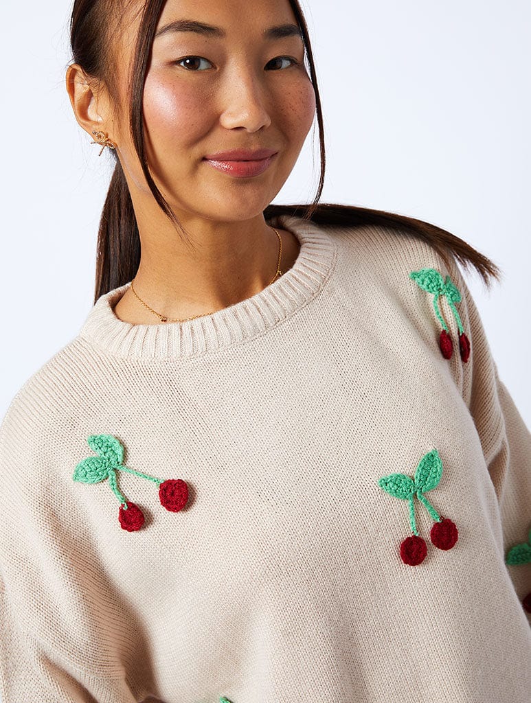 Applique Crochet Cherry Knitted Jumper in Cream Jumpers & Cardigans Skinnydip London