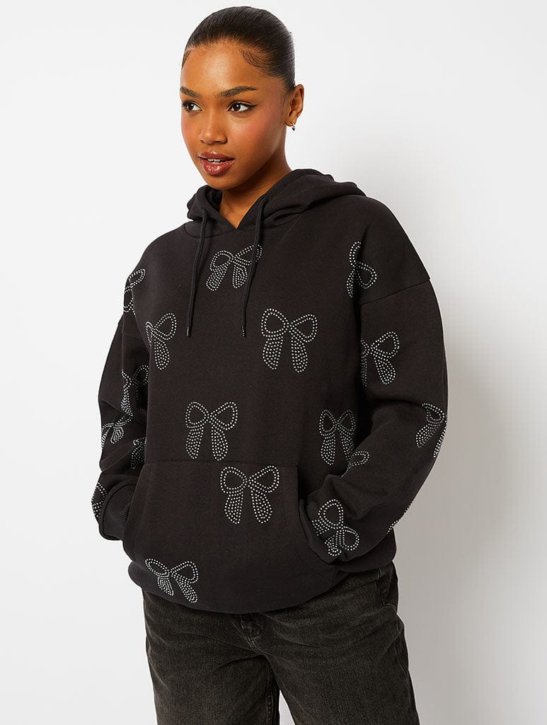 Bow Diamante Hoodie in Black Hoodies & Sweatshirts Skinnydip London