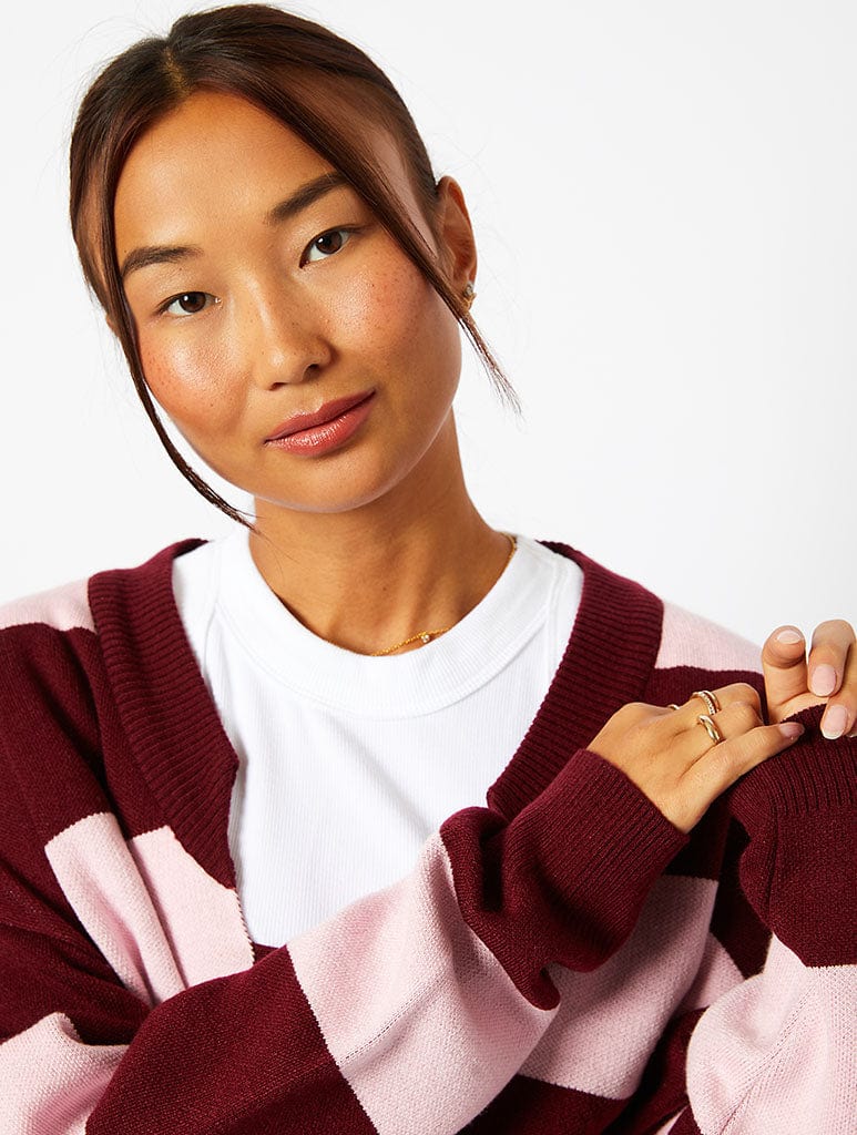 Bow Knitted Cardigan in Pink & Burgundy Stripe Jumpers & Cardigans Skinnydip London