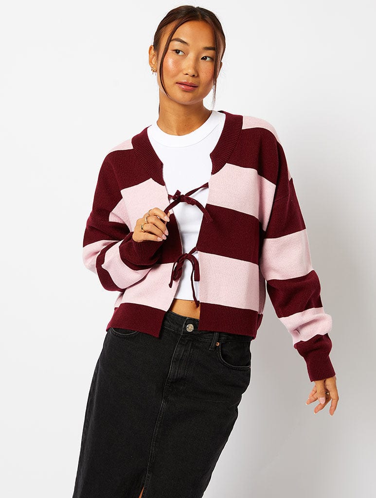 Bow Knitted Cardigan in Pink & Burgundy Stripe Jumpers & Cardigans Skinnydip London