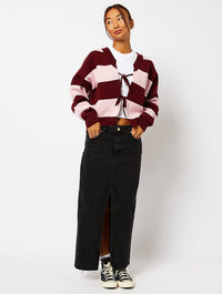 Bow Knitted Cardigan in Pink & Burgundy Stripe Jumpers & Cardigans Skinnydip London