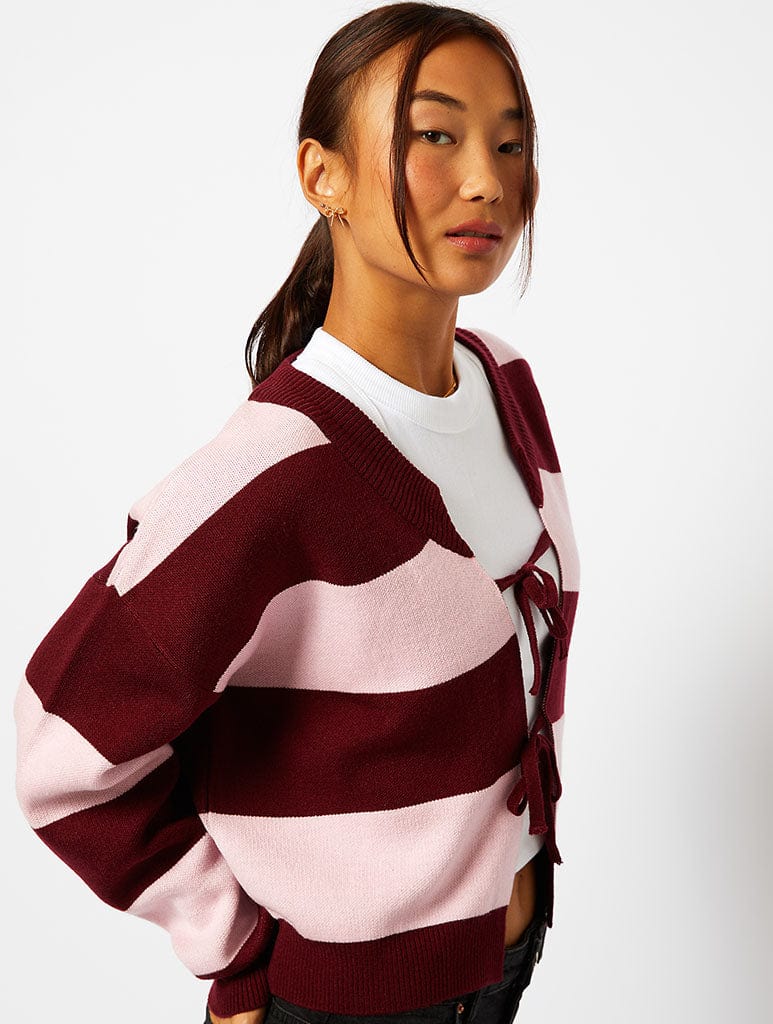 Bow Knitted Cardigan in Pink & Burgundy Stripe Jumpers & Cardigans Skinnydip London