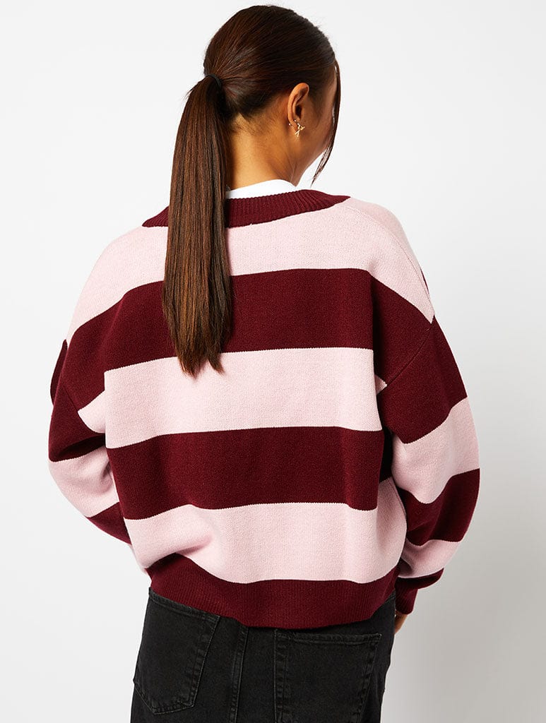 Bow Knitted Cardigan in Pink & Burgundy Stripe Jumpers & Cardigans Skinnydip London