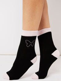 Butterfly Rhinestone Black Socks Lingerie & Nightwear Skinnydip London