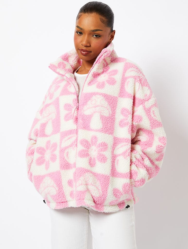 Checker Icon Borg Fleece in Pink Coats & Jackets Skinnydip London