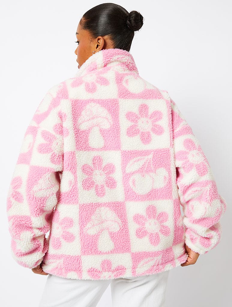 Checker Icon Borg Fleece in Pink Coats & Jackets Skinnydip London