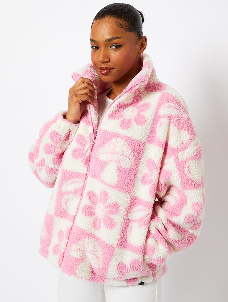 Checker Icon Borg Fleece in Pink Coats & Jackets Skinnydip London