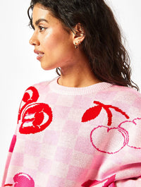 Cherry Checkerboard Knit Jumper in Pink Jumpers & Cardigans Skinnydip London