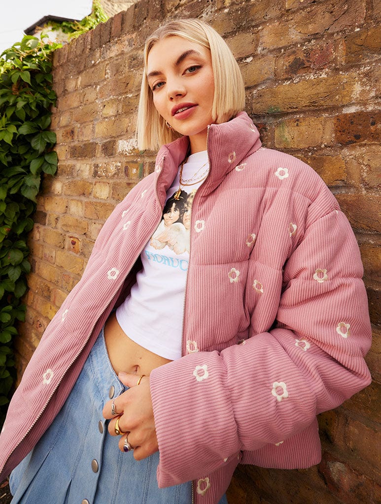 Pink corduroy store puffer jacket