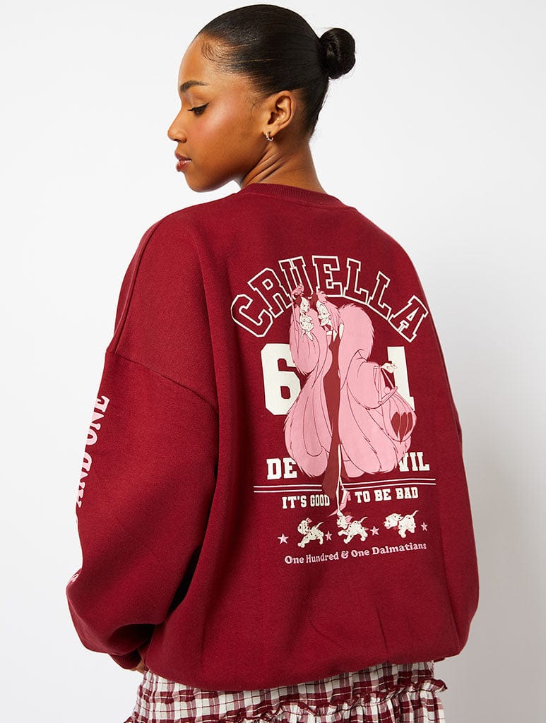 Disney Cruella Varsity Sweatshirt in Burgundy Hoodies & Sweatshirts Skinnydip London