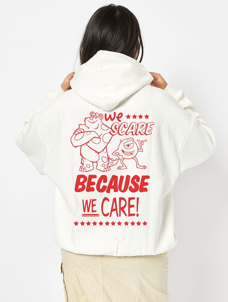 Disney Monsters Inc We Scare Because We Care Hoodie in White Hoodies & Sweatshirts Skinnydip London