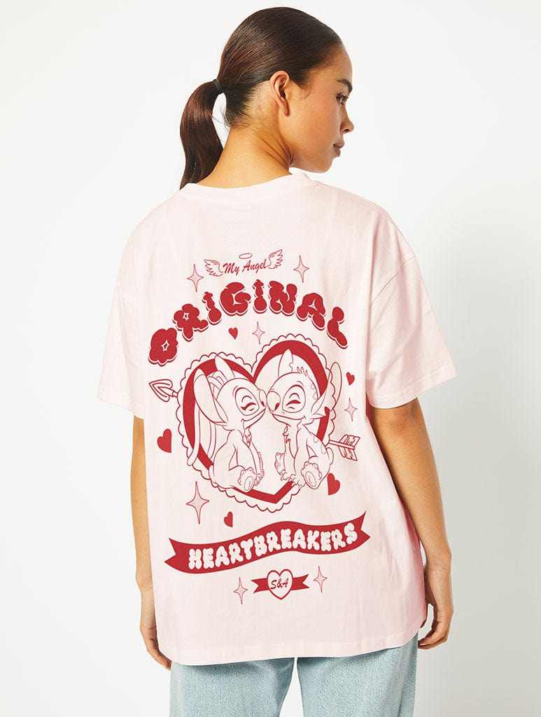 Disney Stitch & Angel Original Heartbreakers T-Shirt in Pink Tops & T-Shirts Skinnydip London