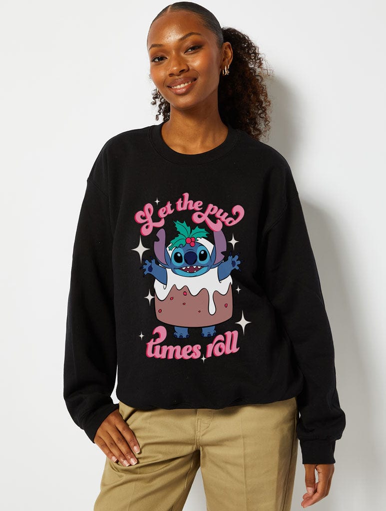 Disney Stitch Christmas Pudding Sweatshirt in Black Hoodies & Sweatshirts Skinnydip London