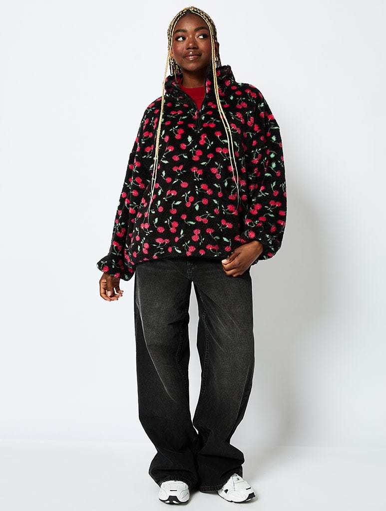 Ditsy Cherry Longline Fleece Coats & Jackets Skinnydip London