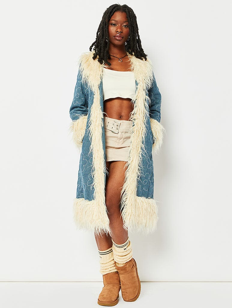 Shaggy Faux Fur Trim Denim Trench Coat