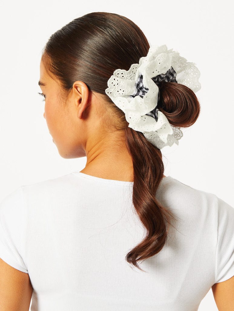 Gingham Frill Extra Large Scrunchie in White Gift Sets Skinnydip London