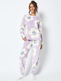 Happy Flower Fleece Pyjama Set in Lilac Lingerie & Nightwear Skinnydip London