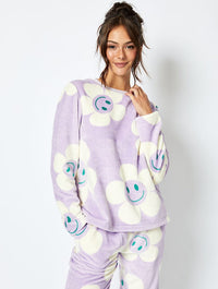 Happy Flower Fleece Pyjama Set in Lilac Lingerie & Nightwear Skinnydip London