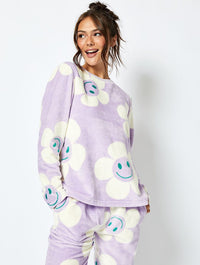 Happy Flower Fleece Pyjama Set in Lilac Lingerie & Nightwear Skinnydip London