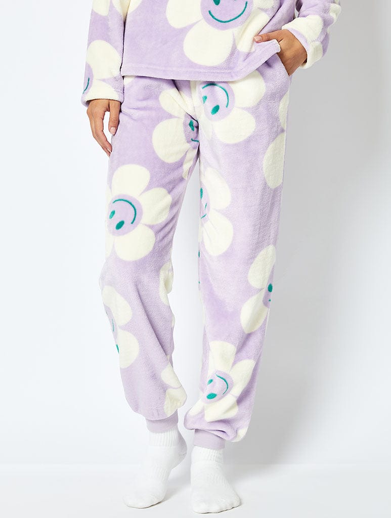 Happy Flower Fleece Pyjama Set in Lilac Lingerie & Nightwear Skinnydip London