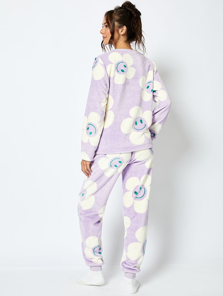 Happy Flower Fleece Pyjama Set in Lilac Lingerie & Nightwear Skinnydip London