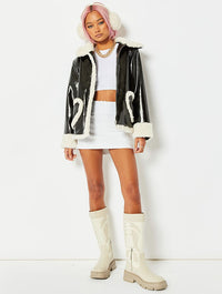 Heart Pocket White Borg Trim Vinyl Boxy Jacket Coats & Jackets Skinnydip London