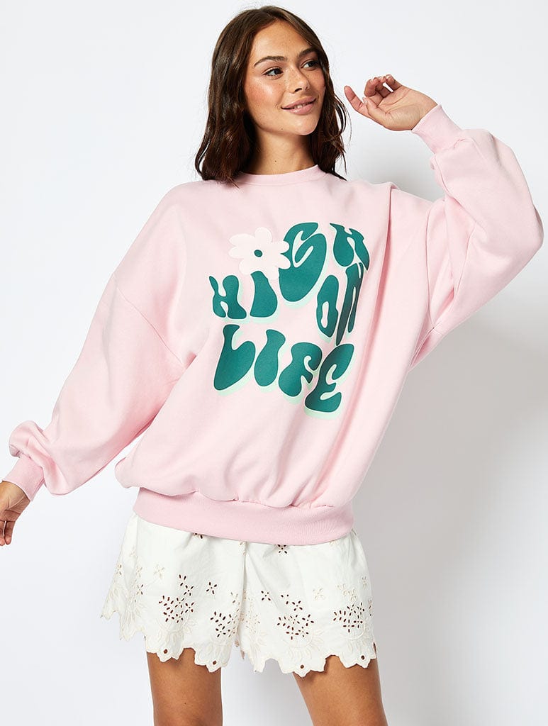 High On Life Sweatshirt in Pink Hoodies & Sweatshirts Skinnydip London