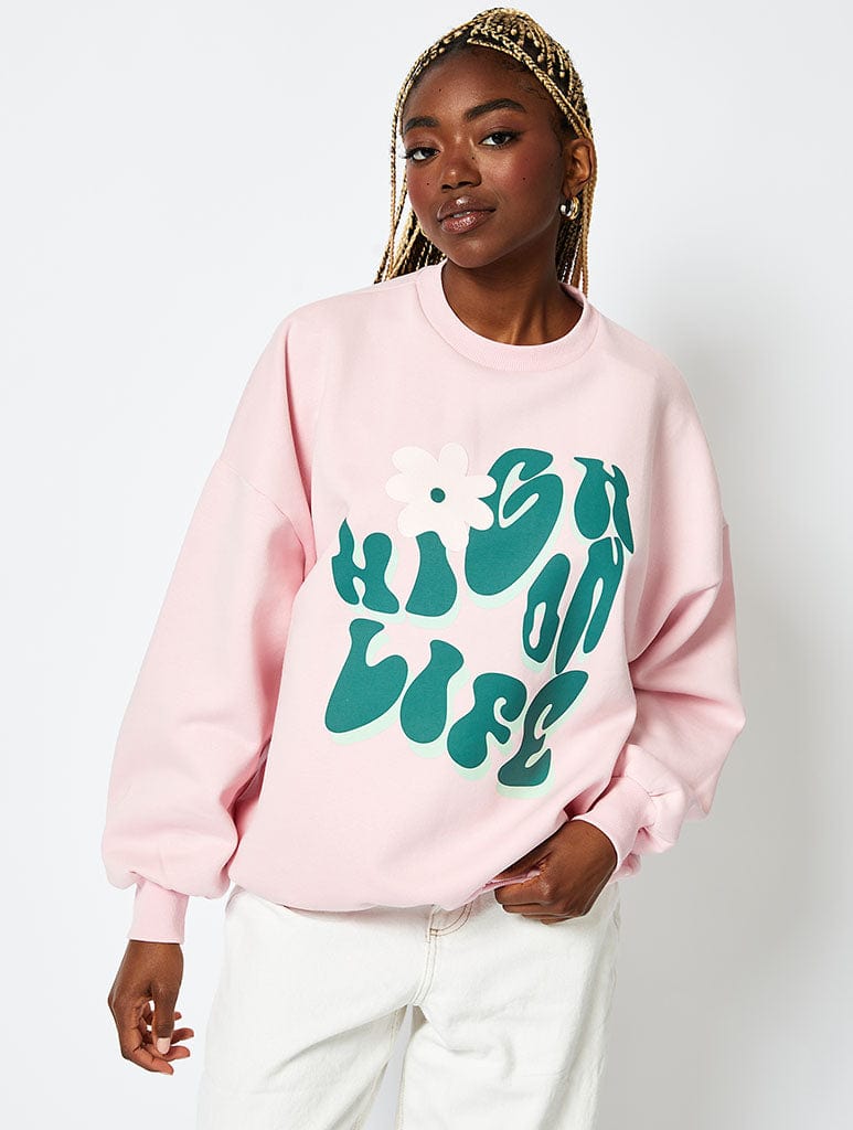 High On Life Sweatshirt in Pink Hoodies & Sweatshirts Skinnydip London