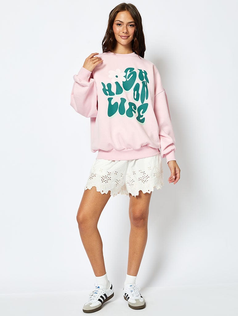 High On Life Sweatshirt in Pink Hoodies & Sweatshirts Skinnydip London