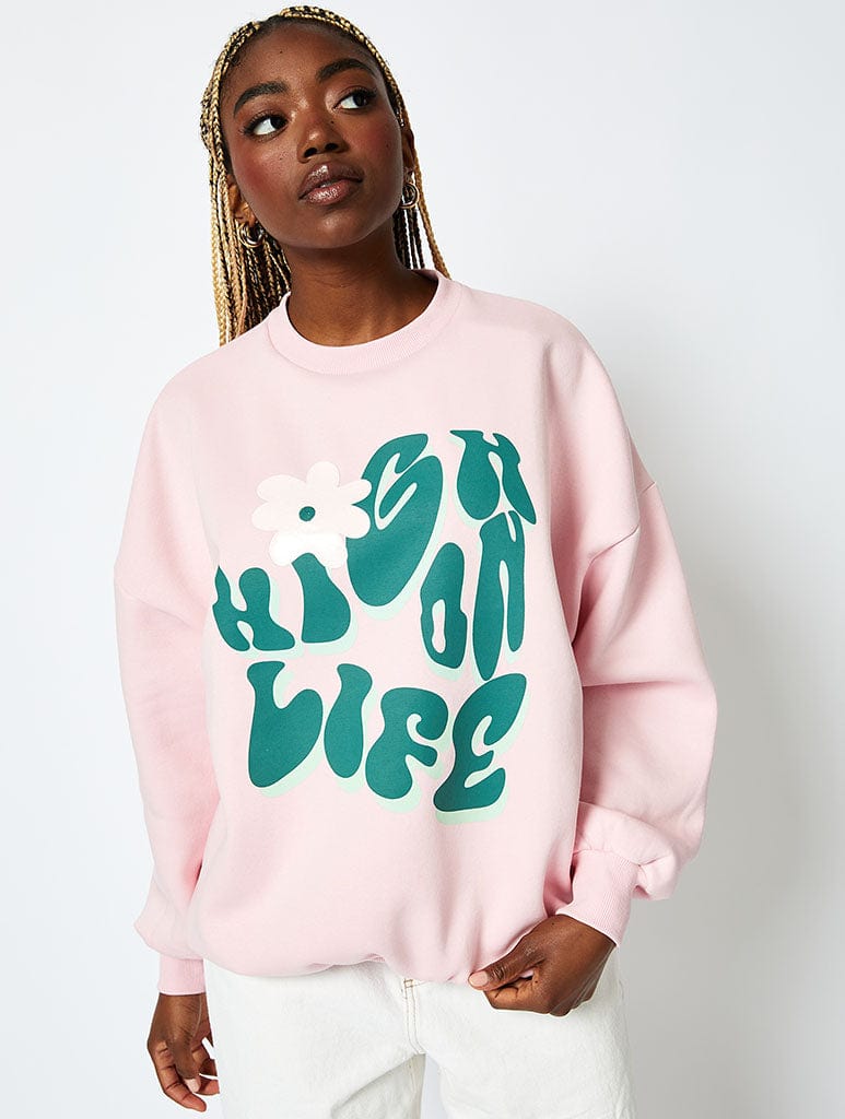 High On Life Sweatshirt in Pink Hoodies & Sweatshirts Skinnydip London