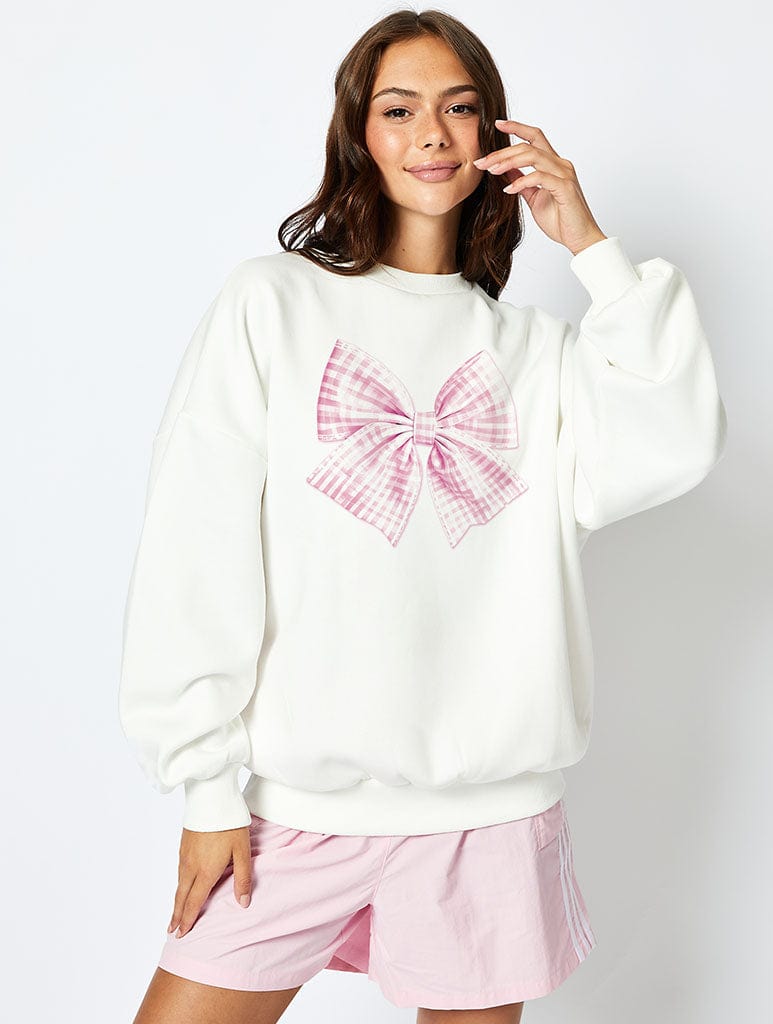 Large Pink Bow Sweatshirt in Ecru Hoodies & Sweatshirts Skinnydip London