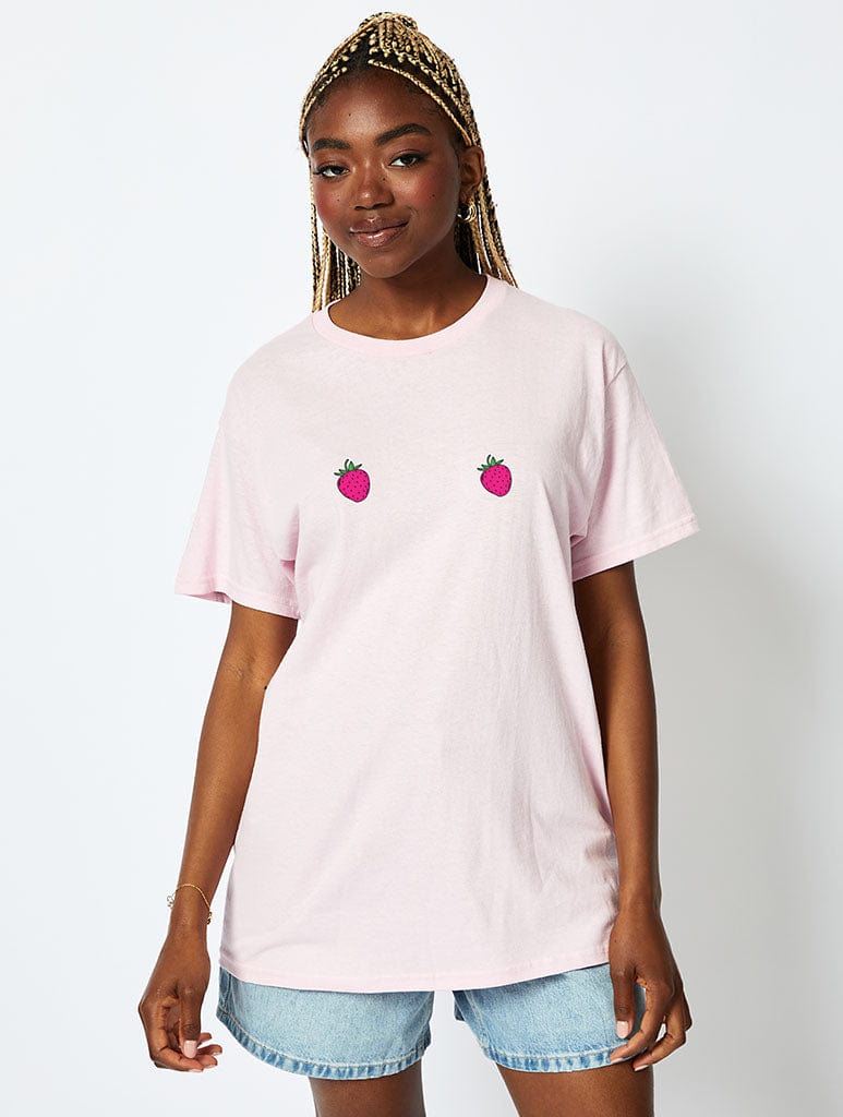 Mallows Beauty x Skinnydip Strawberry Boobs T-Shirt In Pink Tops & T-Shirts Skinnydip London