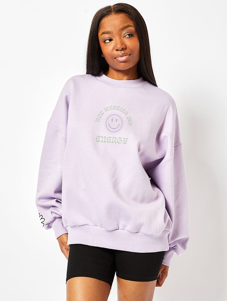 Not Wasting My Energy Sweatshirt In Lilac Hoodies & Sweatshirts Skinnydip London