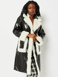 Patent Faux Leather Coat With Ivory Fur Trim Coats & Jackets Skinnydip London