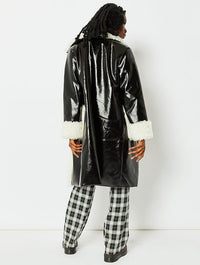 Patent Faux Leather Coat With Ivory Fur Trim Coats & Jackets Skinnydip London