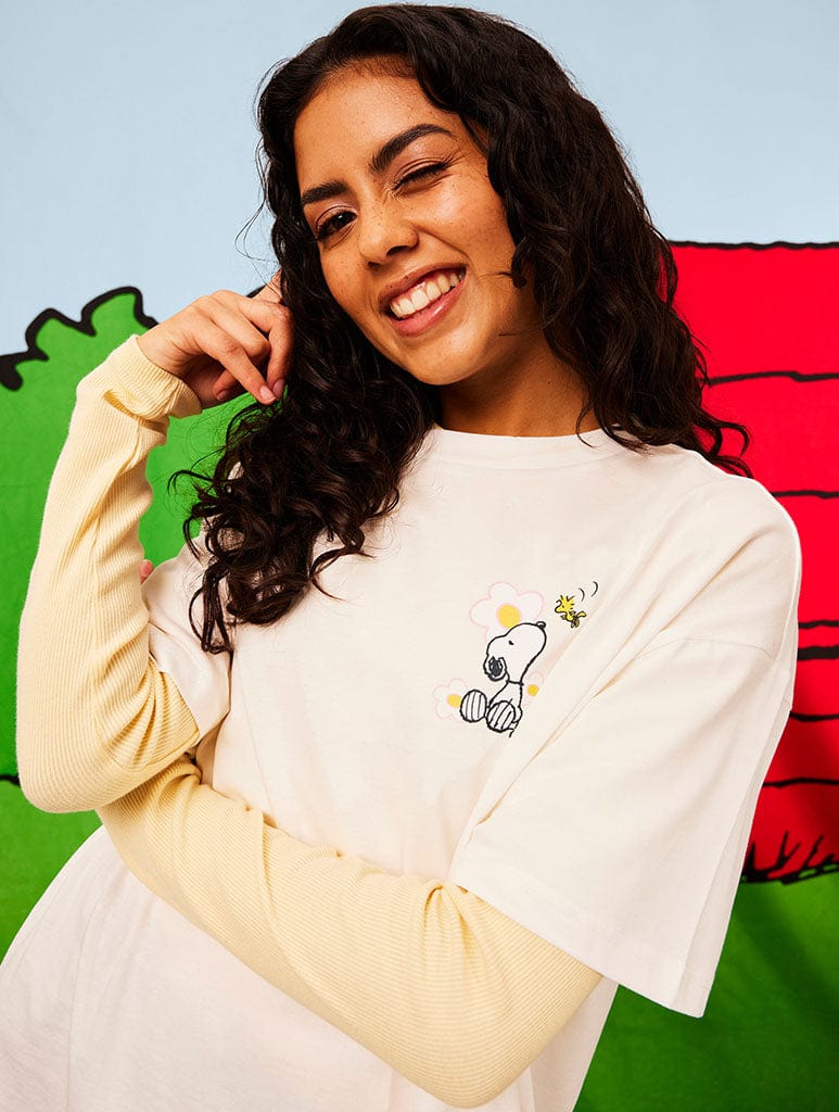 Peanuts x Skinnydip Snoopy Care Free T-Shirt in Ecru Tops & T-Shirts Skinnydip London