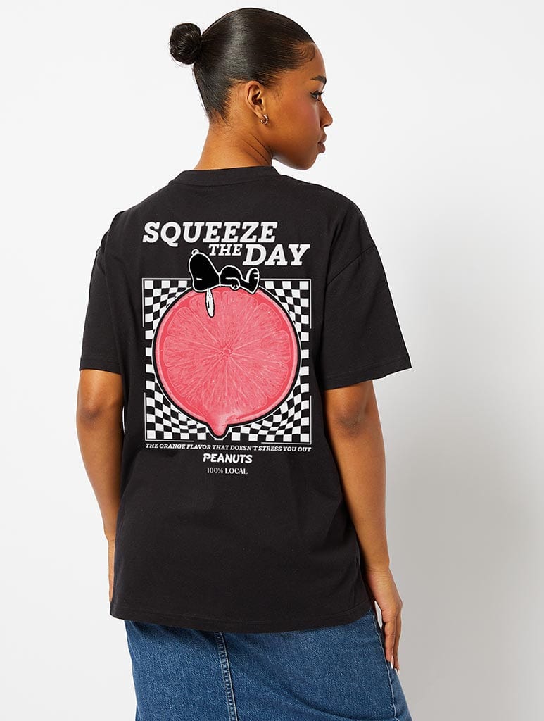 Peanuts x Skinnydip Snoopy Squeeze the Day T-Shirt in Black Tops & T-Shirts Skinnydip London