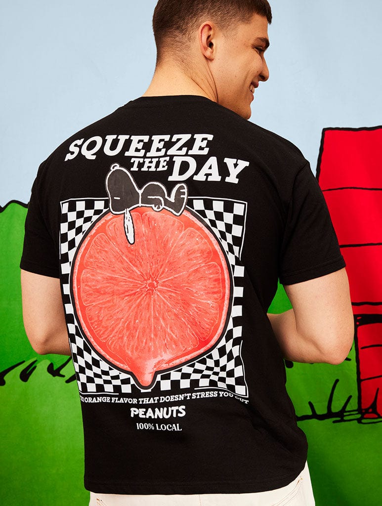 Peanuts x Skinnydip Snoopy Squeeze the Day T-Shirt in Black Tops & T-Shirts Skinnydip London