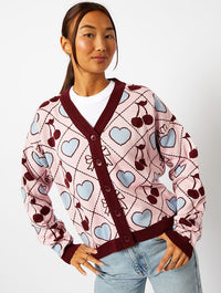 Quilted Cherry & Bow Cardigan in Multi Jumpers & Cardigans Skinnydip London