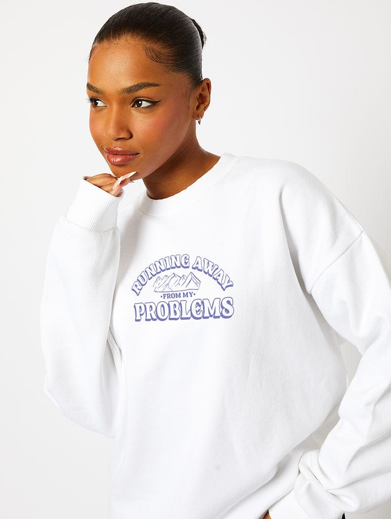 Running Away From My Problems Sweatshirt In Ecru Hoodies & Sweatshirts Skinnydip London