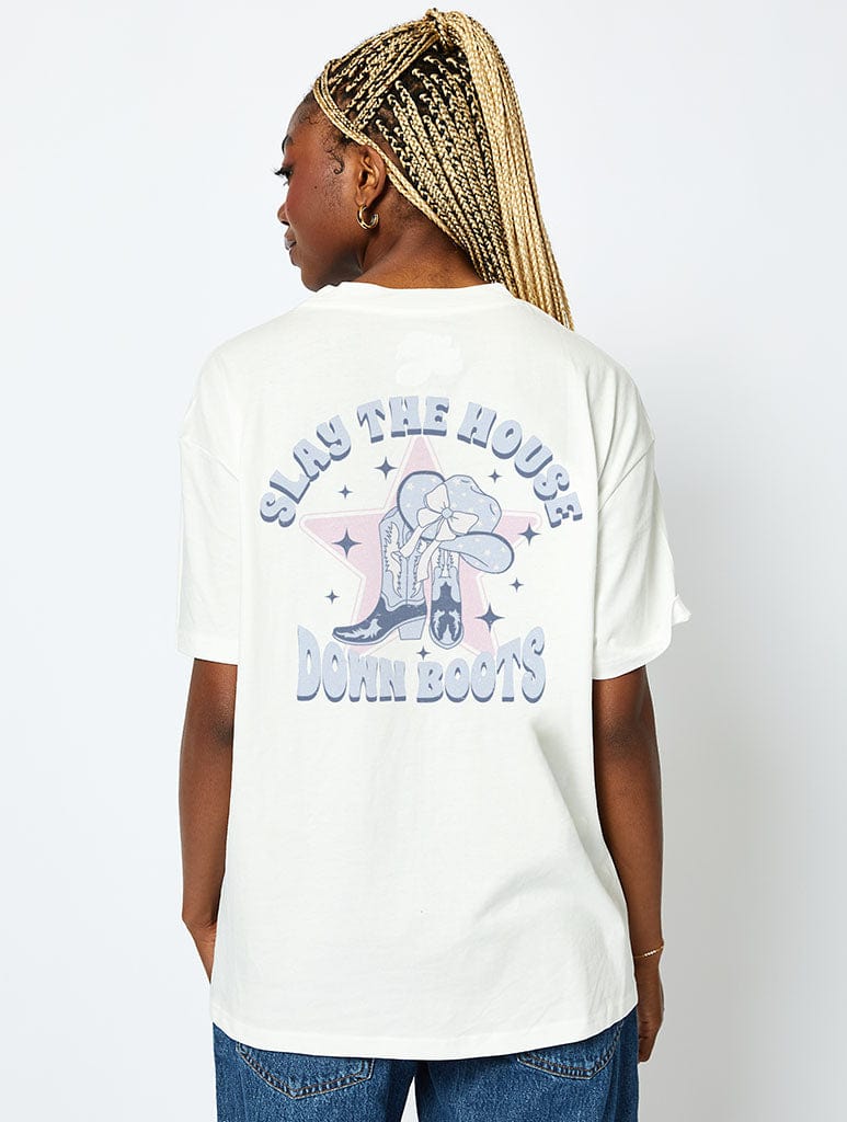 Slay The House Down Boots T-Shirt In Ecru Tops & T-Shirts Skinnydip London