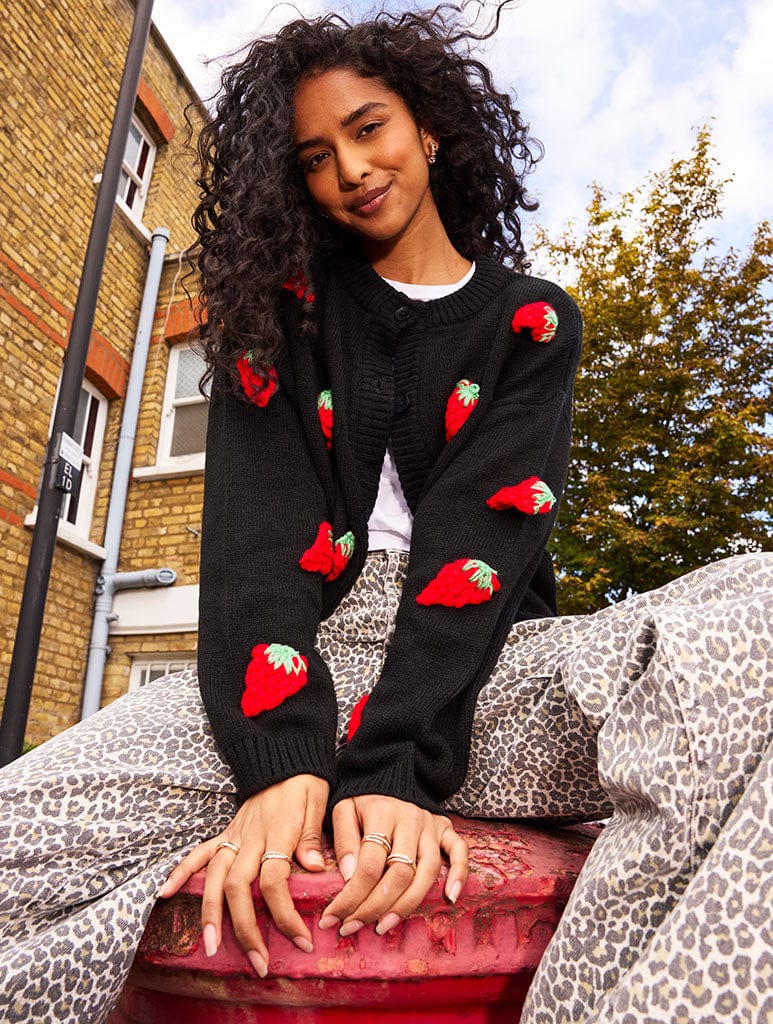 Strawberry Applique Black Knitted Cardigan Jumpers & Cardigans Skinnydip London