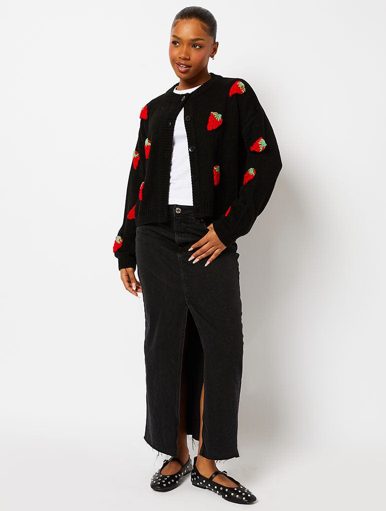 Strawberry Applique Black Knitted Cardigan Jumpers & Cardigans Skinnydip London