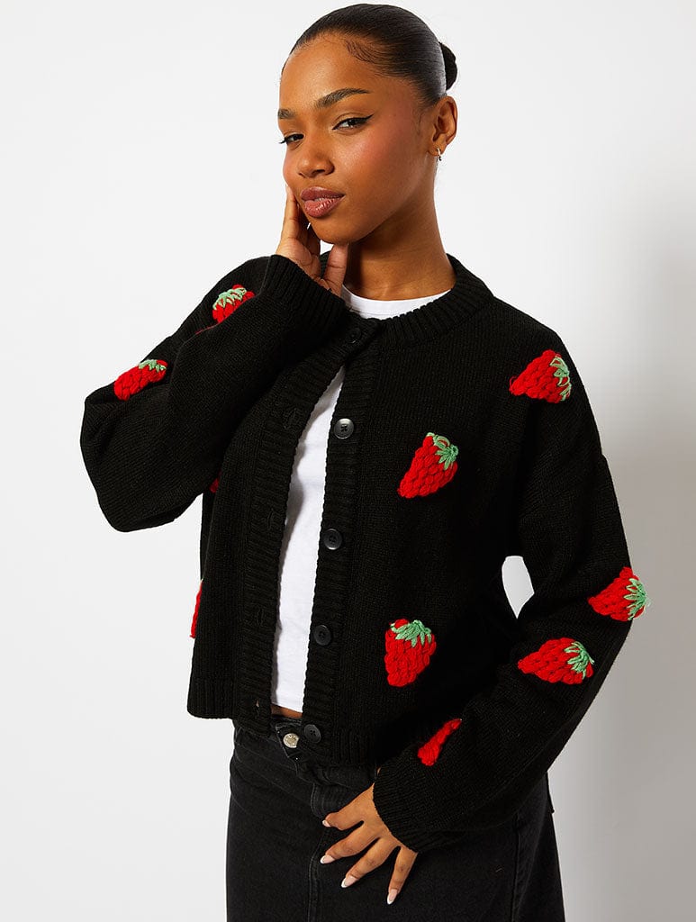 Strawberry Applique Black Knitted Cardigan Jumpers & Cardigans Skinnydip London