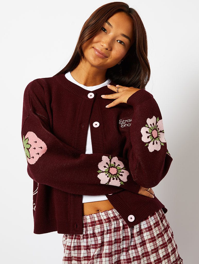 Strawberry Shortcake x Skinnydip Burgundy Knitted Cardigan Jumpers & Cardigans Skinnydip London