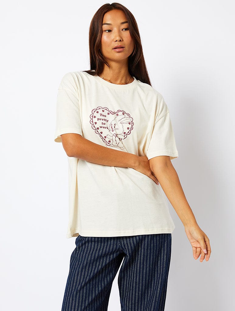 Too Pretty To Work T-Shirt in Ecru Tops & T-Shirts Skinnydip London